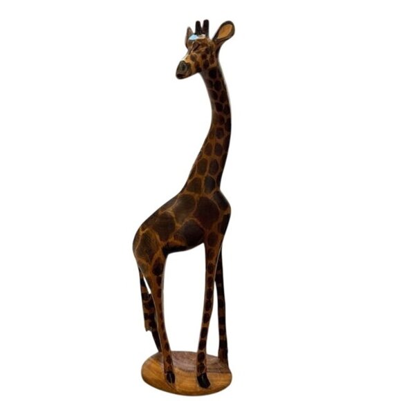 Hand-Carved Wooden Giraffe Sculpture Figurine 13" Tall With Intricate Detailing - Picture 1 of 10
